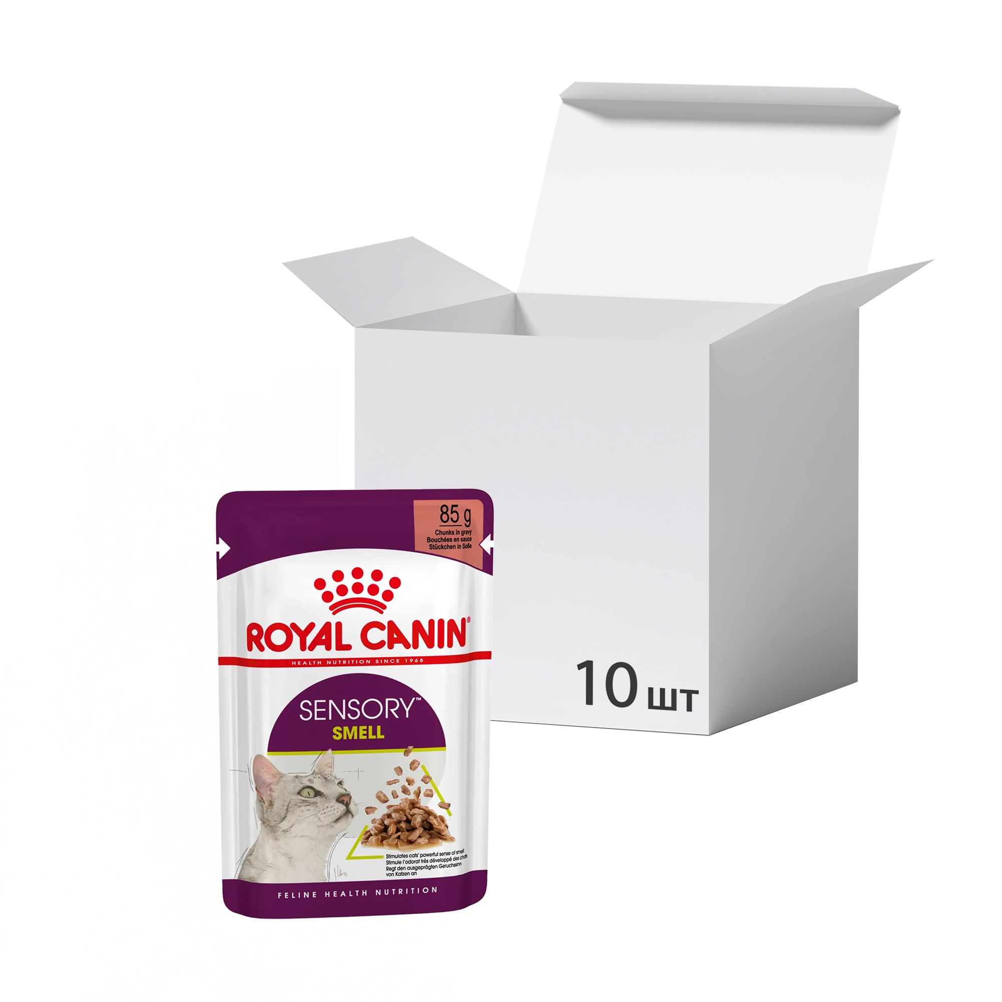 Упаковка вологого корму для дорослих котів Royal Canin Sensory Smell шматочки в соусі, cтимулює нюхові рецептори, 85 г * 10 шт